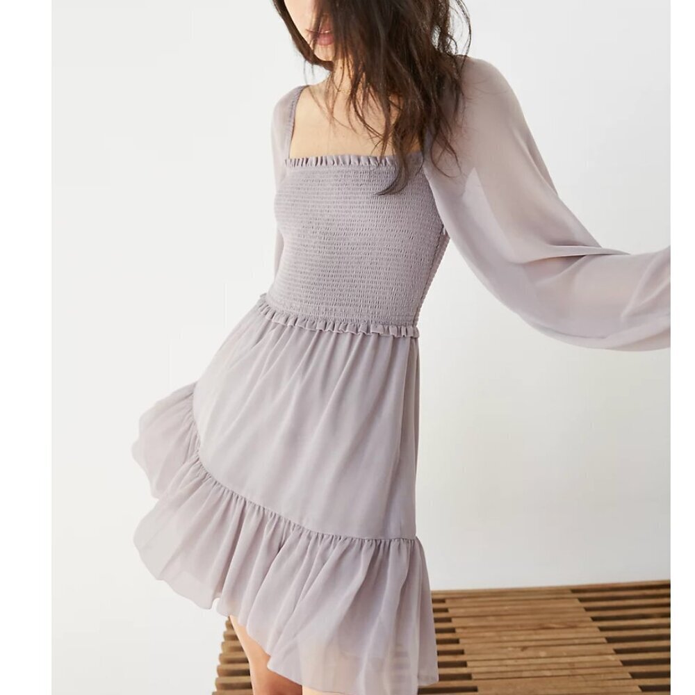 Aritzia Wilfred Tempest Mini Dress Smocked Chiffon in Lilac Purple Size Small